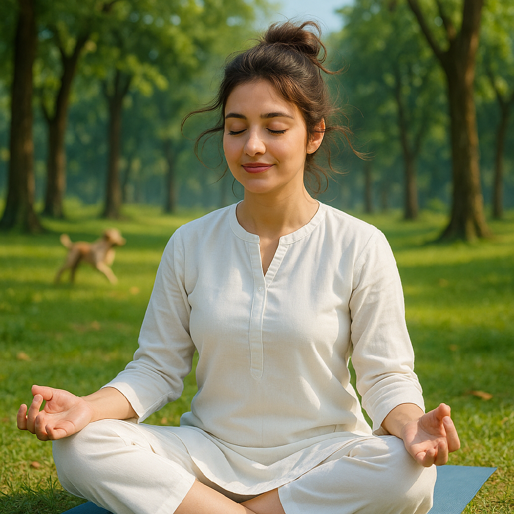 Woman meditating in a park, showing a connection to clean living.
